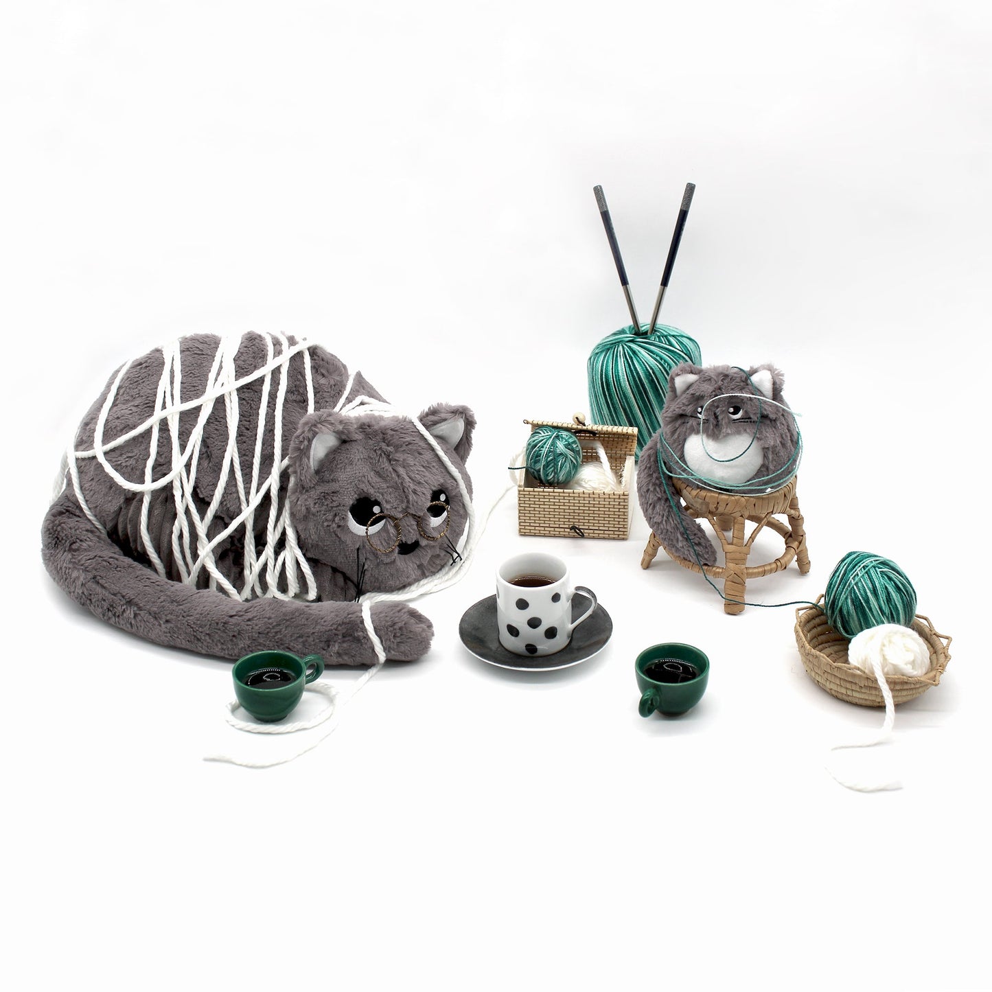 Peluche chat Miaou maman et son bébé gris - Les Ptipotos