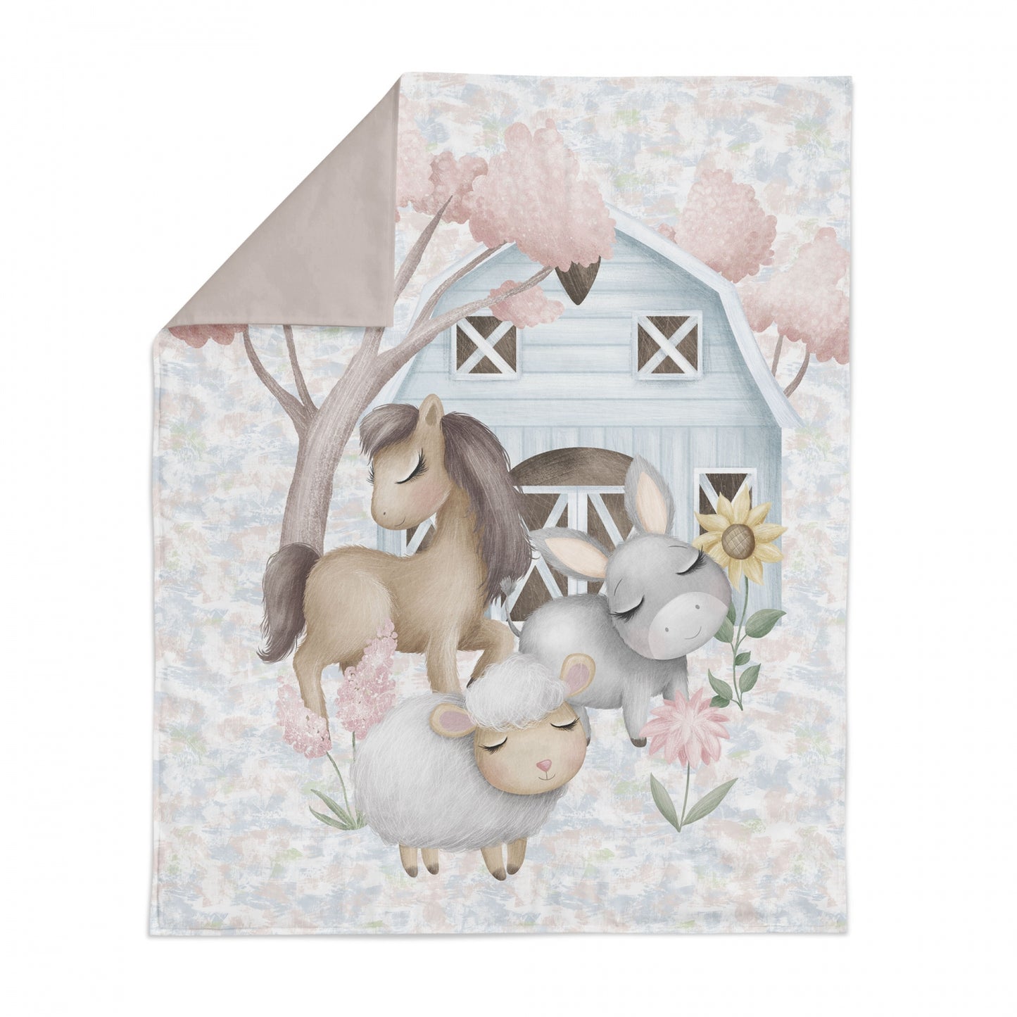 Couverture 75*100 animaux de la campagne minky rose clair