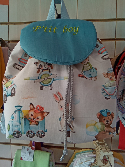 Sac a dos Engin de chantier fermeture cordon et broderie petit boy