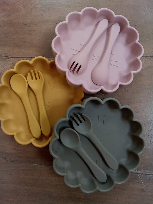 Assiette ventouse avec Ensemble cuillère à café/fourchette silicone forme lion