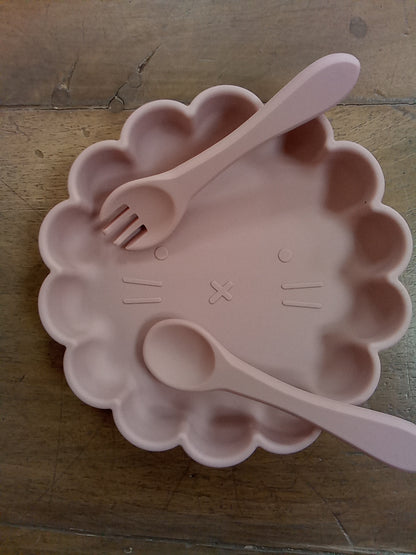 Assiette ventouse avec Ensemble cuillère à café/fourchette silicone forme lion