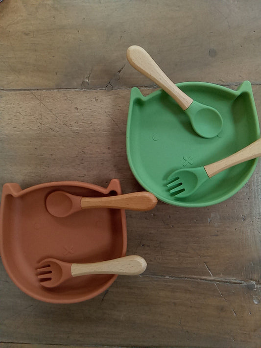 Assiette ventouse avec Ensemble cuillère à café/fourchette silicone forme chat